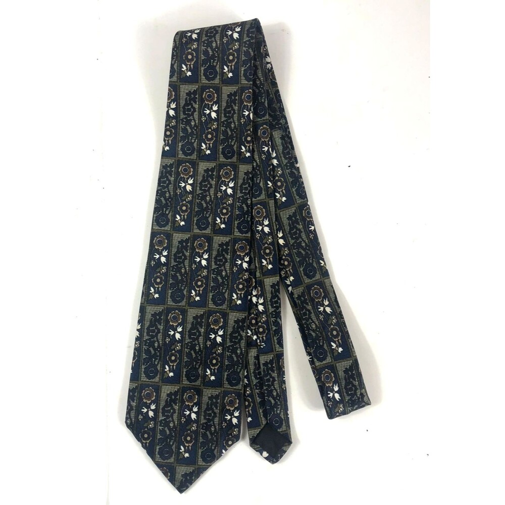 Adolfo Tie PolySilk Blend Navy Blue Floral Geometric Pattern Made in USA Vintage - Picture 7 of 7